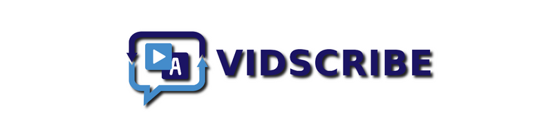 VidScribe logo featuring blue chat bubbles with a play button and an A, and the brand name VIDSCRIBE in bold purple.