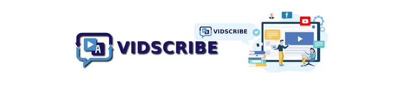 VidScribe logo with a speech-bubble and play button, plus a colorful illustration of people engaging with video screens.