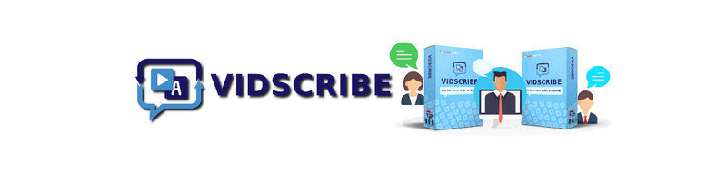 VIDSCRIBE logo banner with three cartoon presenters beside blue product boxes, suggesting a video transcription service.
