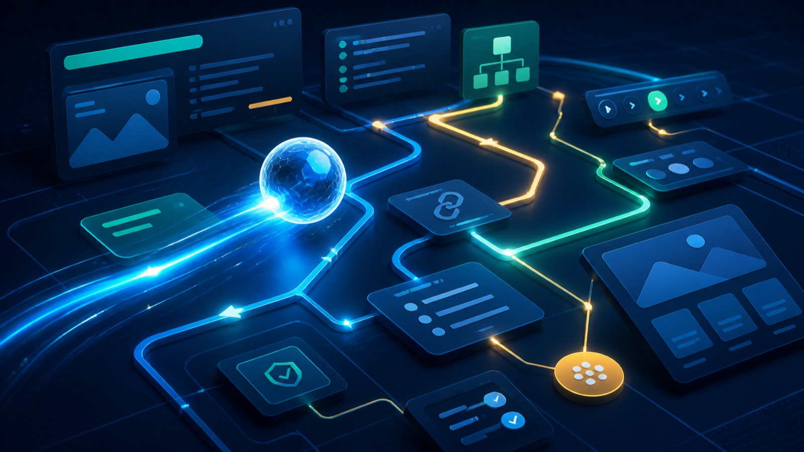 ai-agent-browsing-optimization-2026 - Prodify Digital Futuristic digital network with glowing blue paths, panels, and a globe symbolizing global connectivity in a dark tech grid.