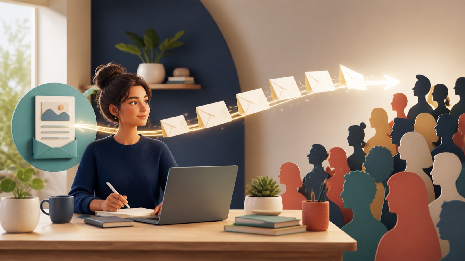 Beginner marketer guiding a focused path from a useful resource to a growing email audience