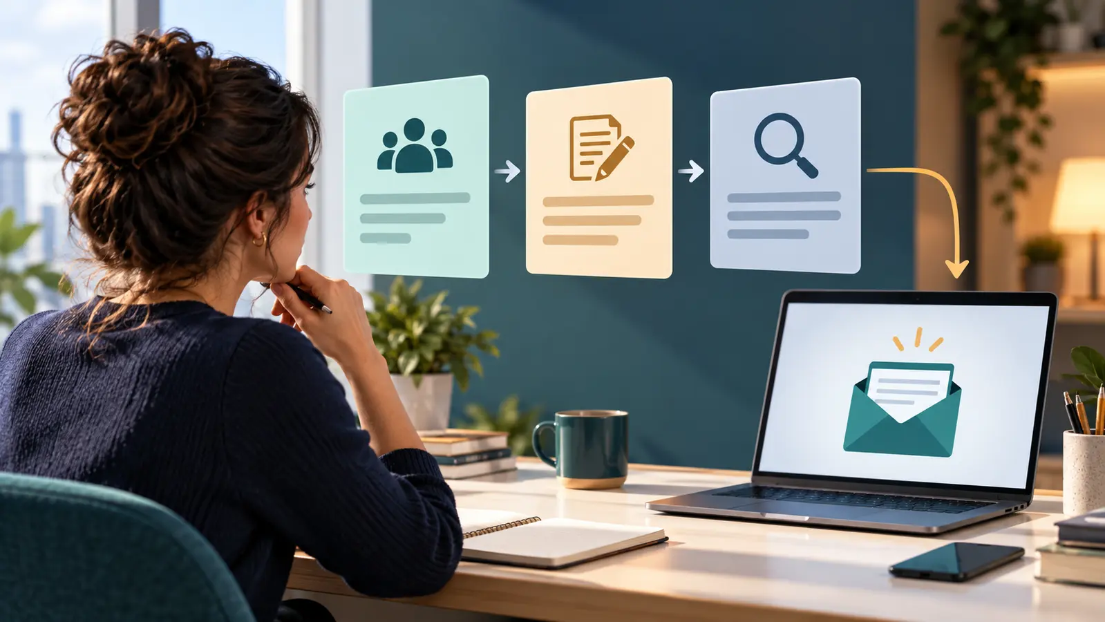 Email marketer using a three-step AI workflow for audience research, drafting and review