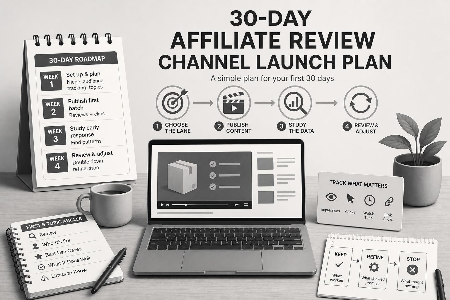 A grayscale desk scene with a laptop, notebooks, a mug, and a plant, all arranged as a 30-day affiliate review channel launch plan. Large wall text and small cards show week-by-week steps, topic angles, and tracking/keep
