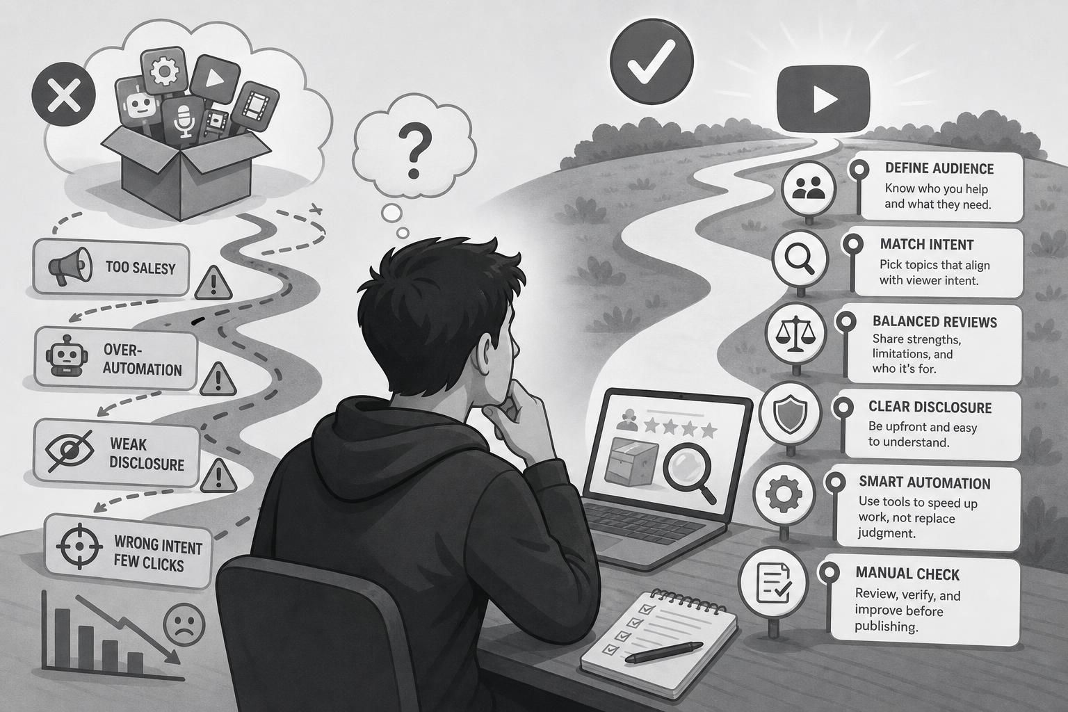 A grayscale editorial illustration of a person at a desk looking at a laptop, with a winding path splitting from common mistakes on the left to recommended practices on the right, plus icons and labels about audience,,