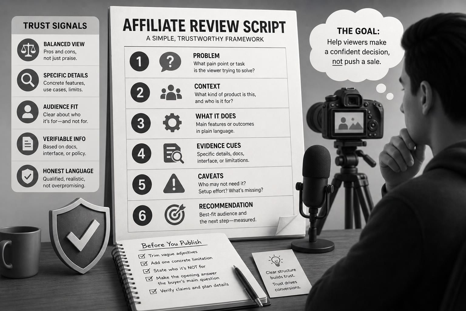 A grayscale desk scene shows a person filming a camera on a tripod beside a microphone, with large posters explaining an affiliate review script framework: trust signals on the left, a six-step structure in the center, a