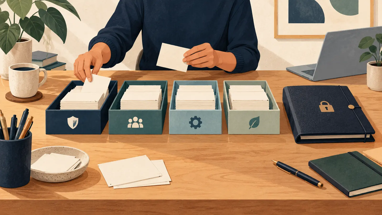 Illustration of a person sorting document cards into four trays while a confidential folder stays separate.