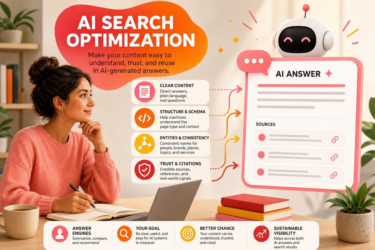 Woman in a pink sweater writes in a notebook at a desk as a large AI search optimization infographic dominates the wall behind her.