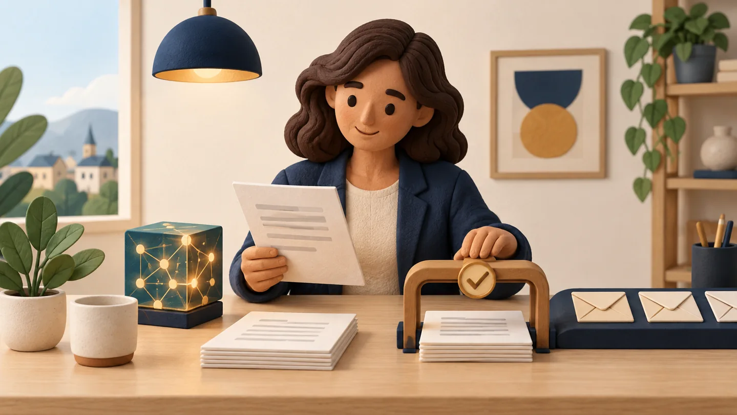AI small business human approval - Prodify Digital Illustration of a business owner reviewing a draft beside an AI cube and approval gate.