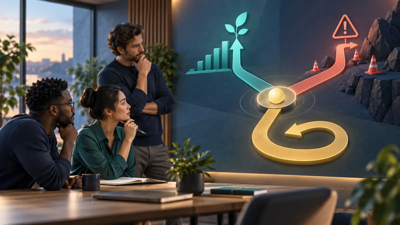 Scoring AI use cases by value risk and reversibility - Prodify Digital A small business team weighing value, risk and reversibility before choosing an AI use case