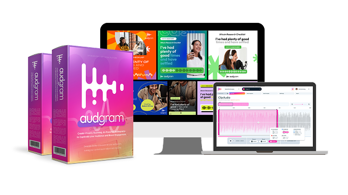 Official AudGram promotional artwork showing audiogram templates and the editing interface - Prodify Digital Audgram software boxes with purple gradient, plus a desktop monitor and a laptop showing ad templates and a waveform editing UI.