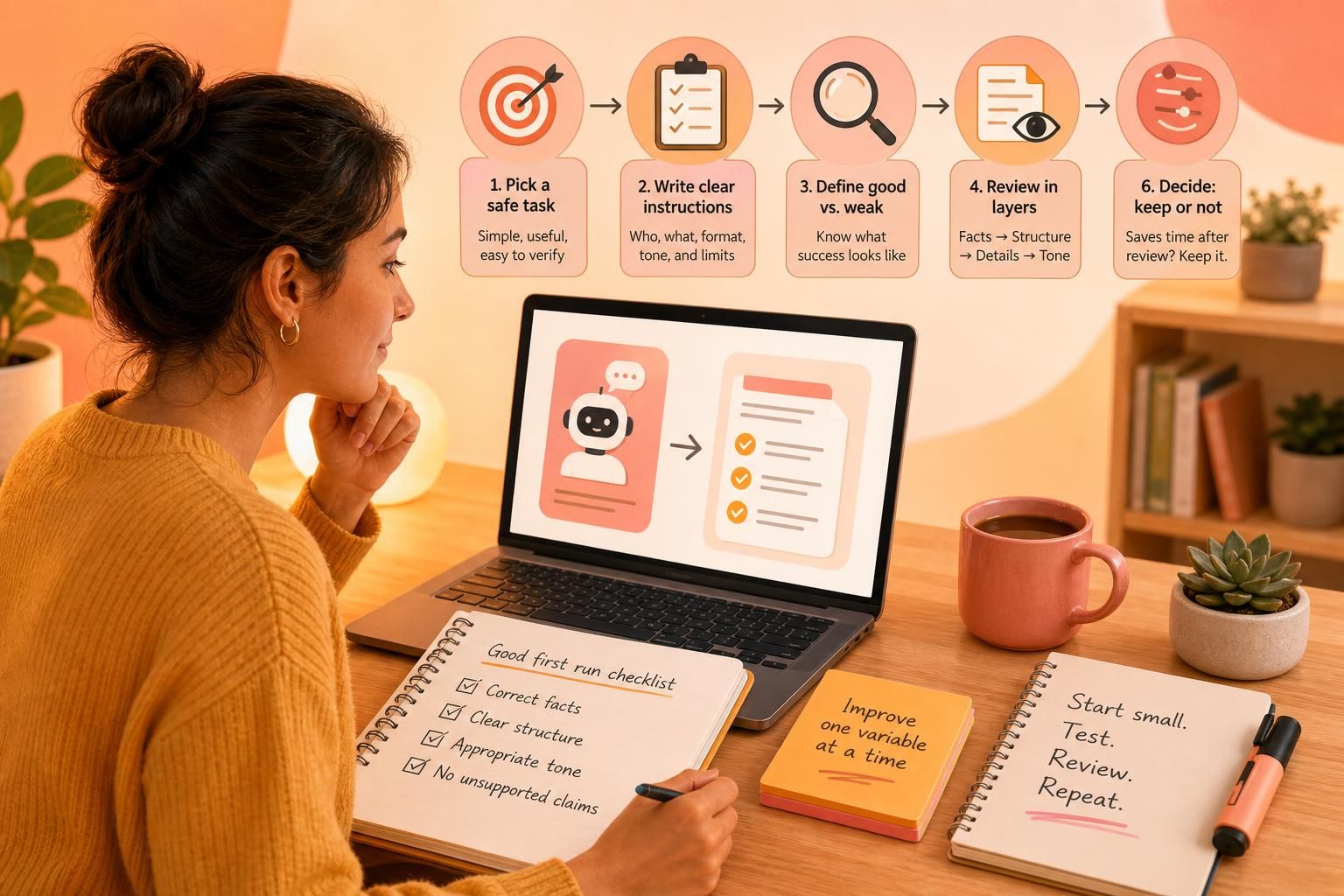 A woman at a desk studies a laptop showing a simple AI workflow diagram, with notebooks and sticky notes listing beginner steps like start small, test, review, and repeat.