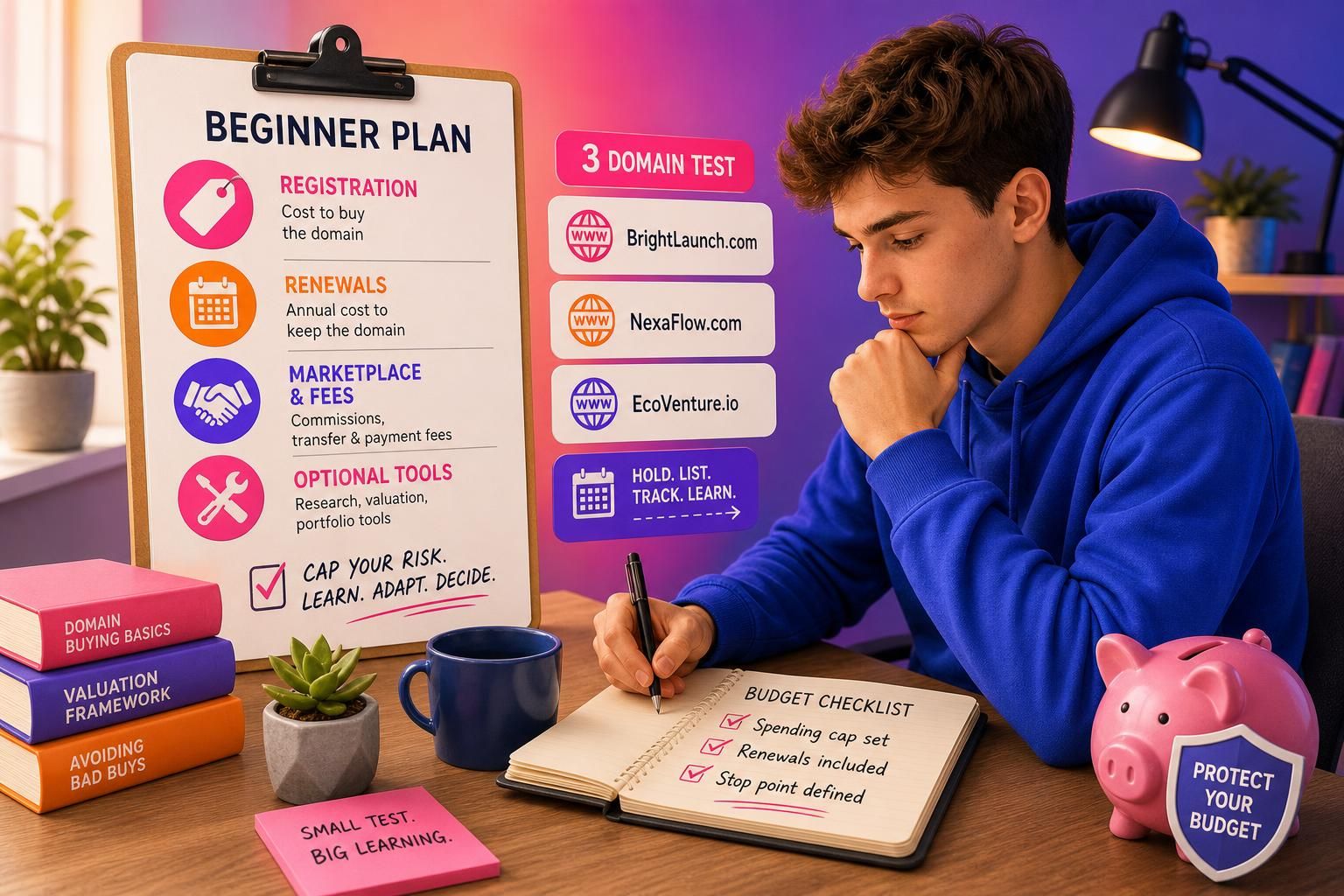 A young person in a blue hoodie studies a budget checklist at a desk beside a clipboard titled beginner plan, stacked books, a piggy bank with a protect your budget shield, and cards showing a three-domain test and fee/c