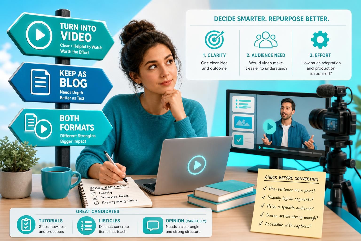 A creator at a desk reviews whether a blog post should become a video. Around her are teal signposts labeled Turn Into Video, Keep as Blog, and Both Formats, plus a checklist board, a laptop, a monitor showing a video-ep
