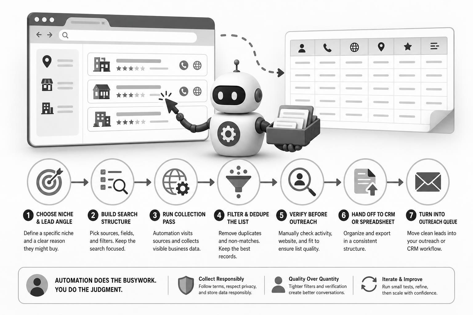 A grayscale infographic showing a robot moving business listings from a browser window into a spreadsheet, with a seven-step workflow for lead generation along the bottom.