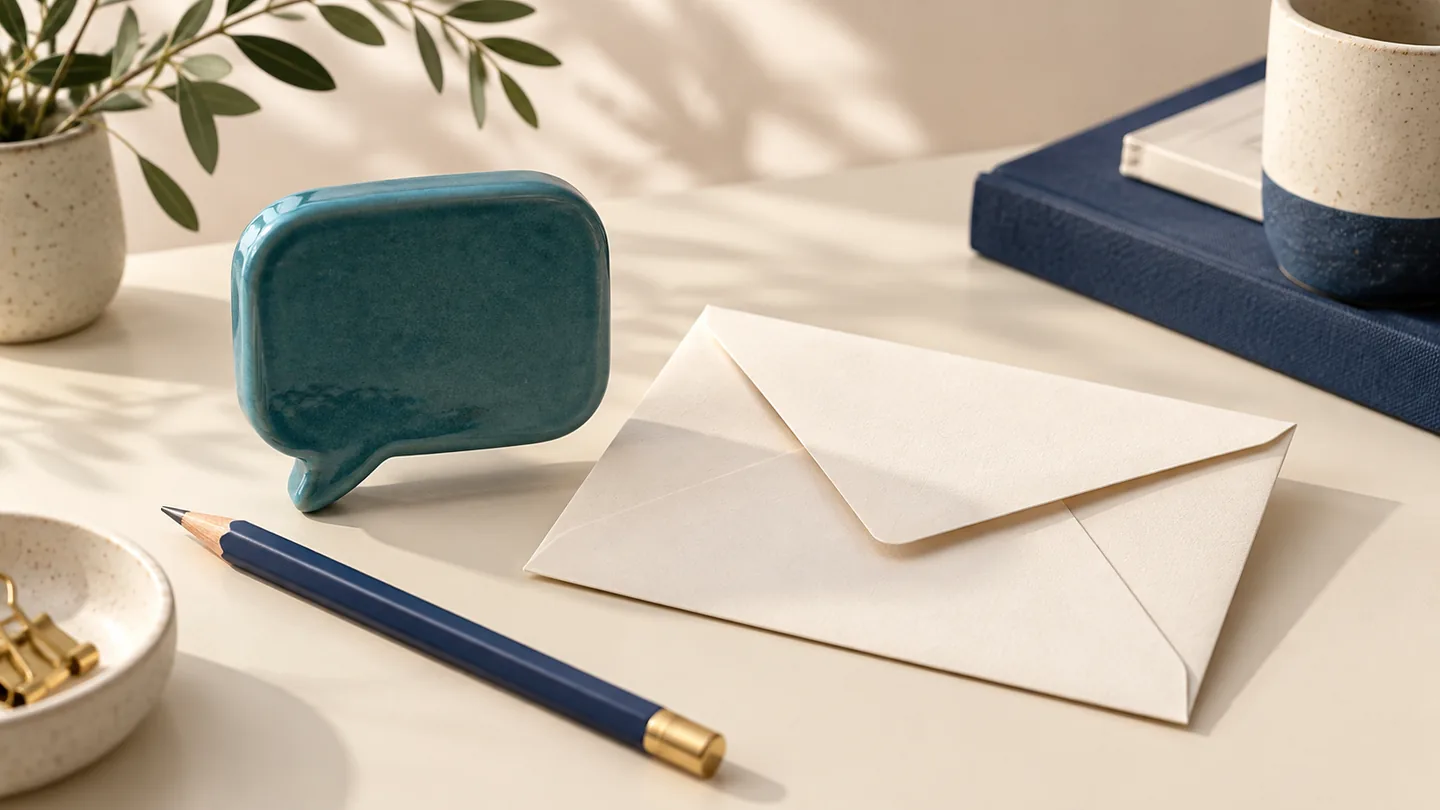A conversation bubble and pencil beside an envelope represent AI-assisted email drafting