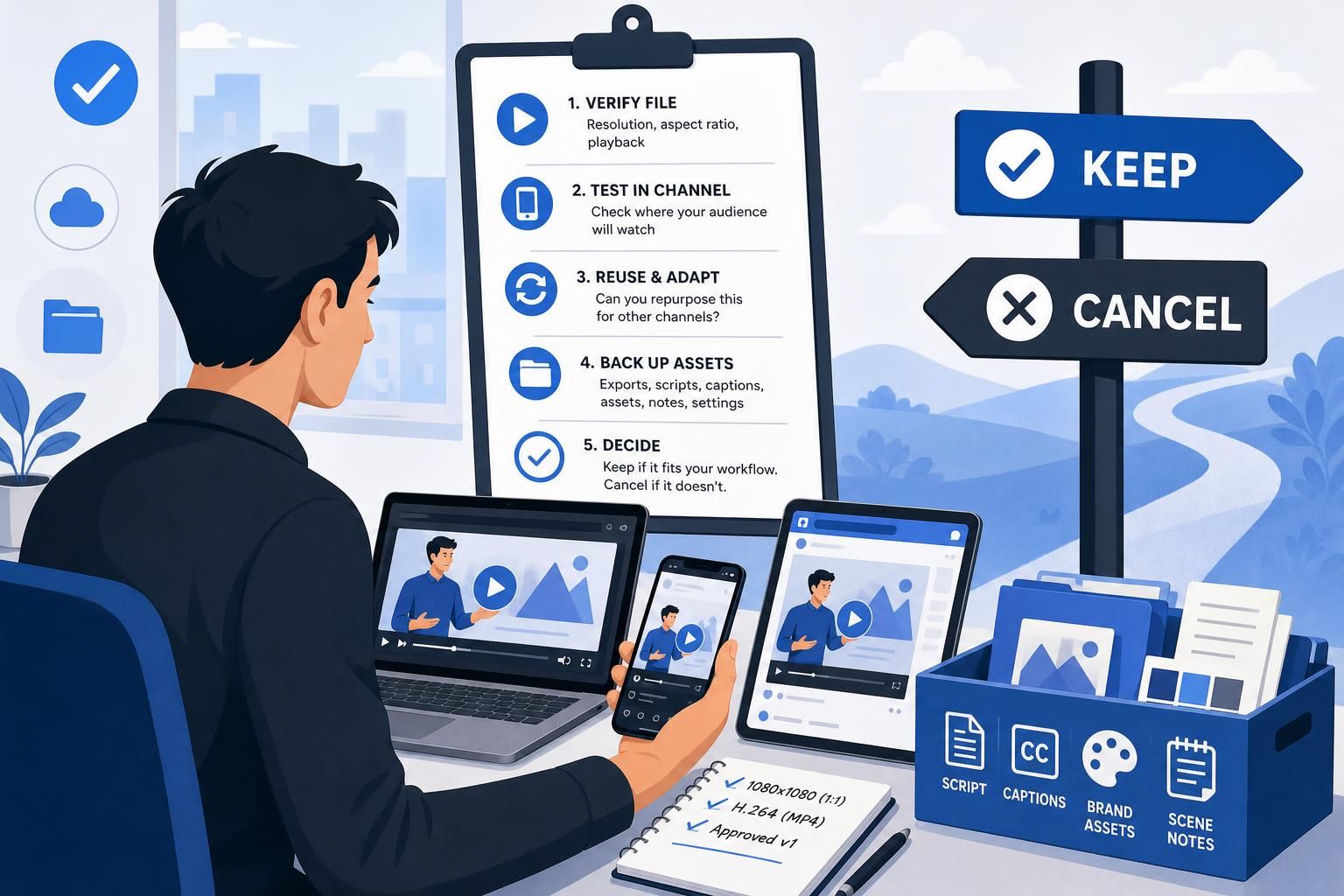 An illustrated marketer reviews video exports at a desk with a laptop, phone, and tablet showing a video preview; a checklist board lists verify file, test in channel, reuse and adapt, back up assets, and decide; nearby,