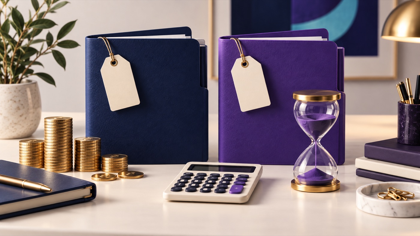 Software folders beside a calculator and hourglass represent cash cost and working time