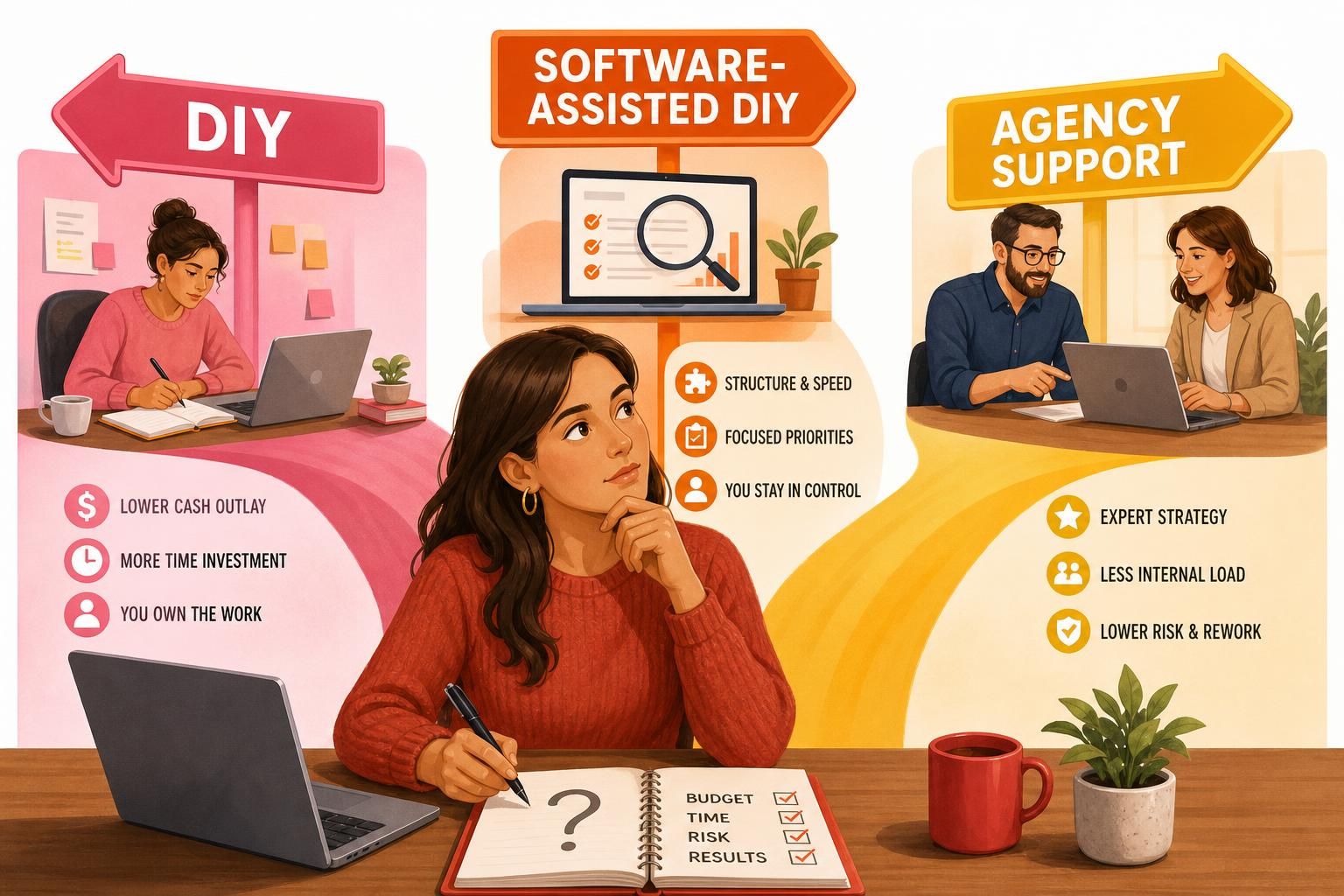 Illustrated comparison scene with three budget paths: DIY on the left, software-assisted DIY in the center, and agency support on the right, with a person pondering a budget notebook at a desk in the foreground.