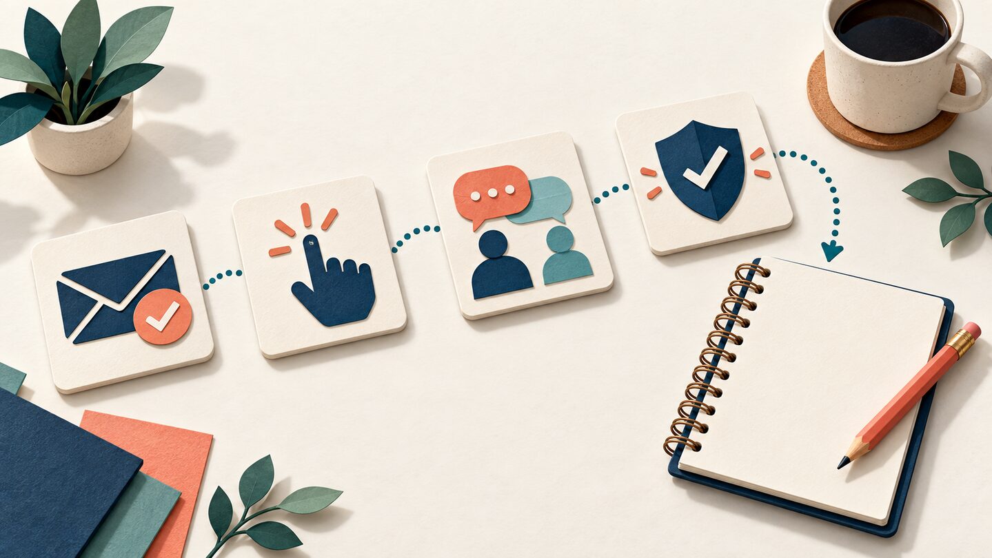 Email reporting dashboard from delivery to decisions - Prodify Digital Paper illustrations of delivery, clicks, enquiries and quality checks leading to a decision notebook.