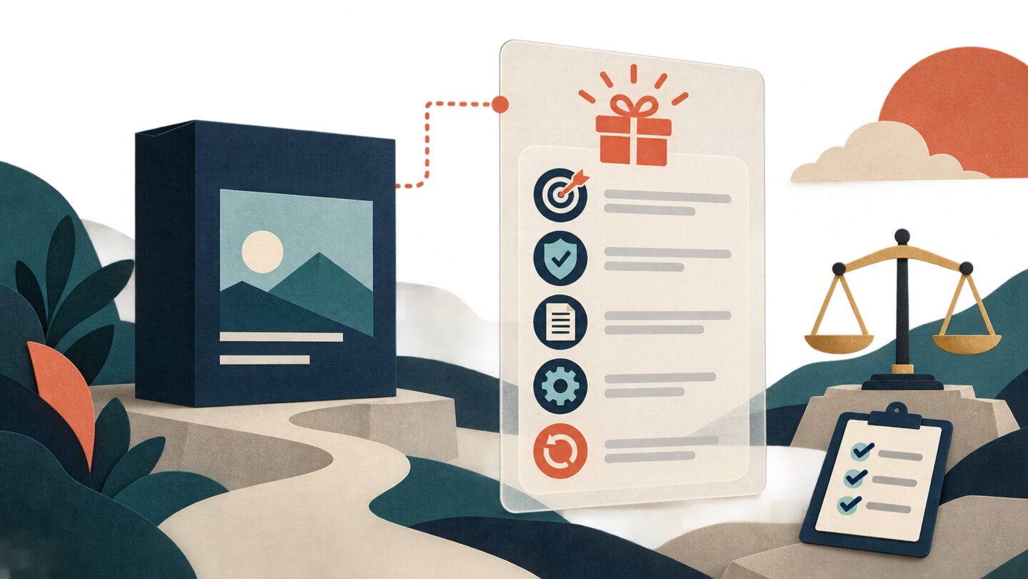 Illustration of a product, bonus checklist and balance scale representing an ethical affiliate bonus.