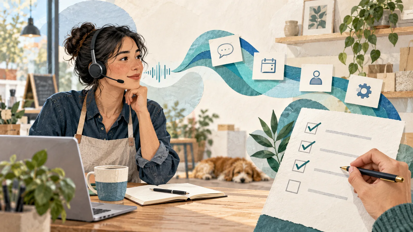 Gemini 38 Live business voice-agent evaluation - Prodify Digital Conceptual illustration of a business owner using a headset beside task cards and a human-reviewed checklist.