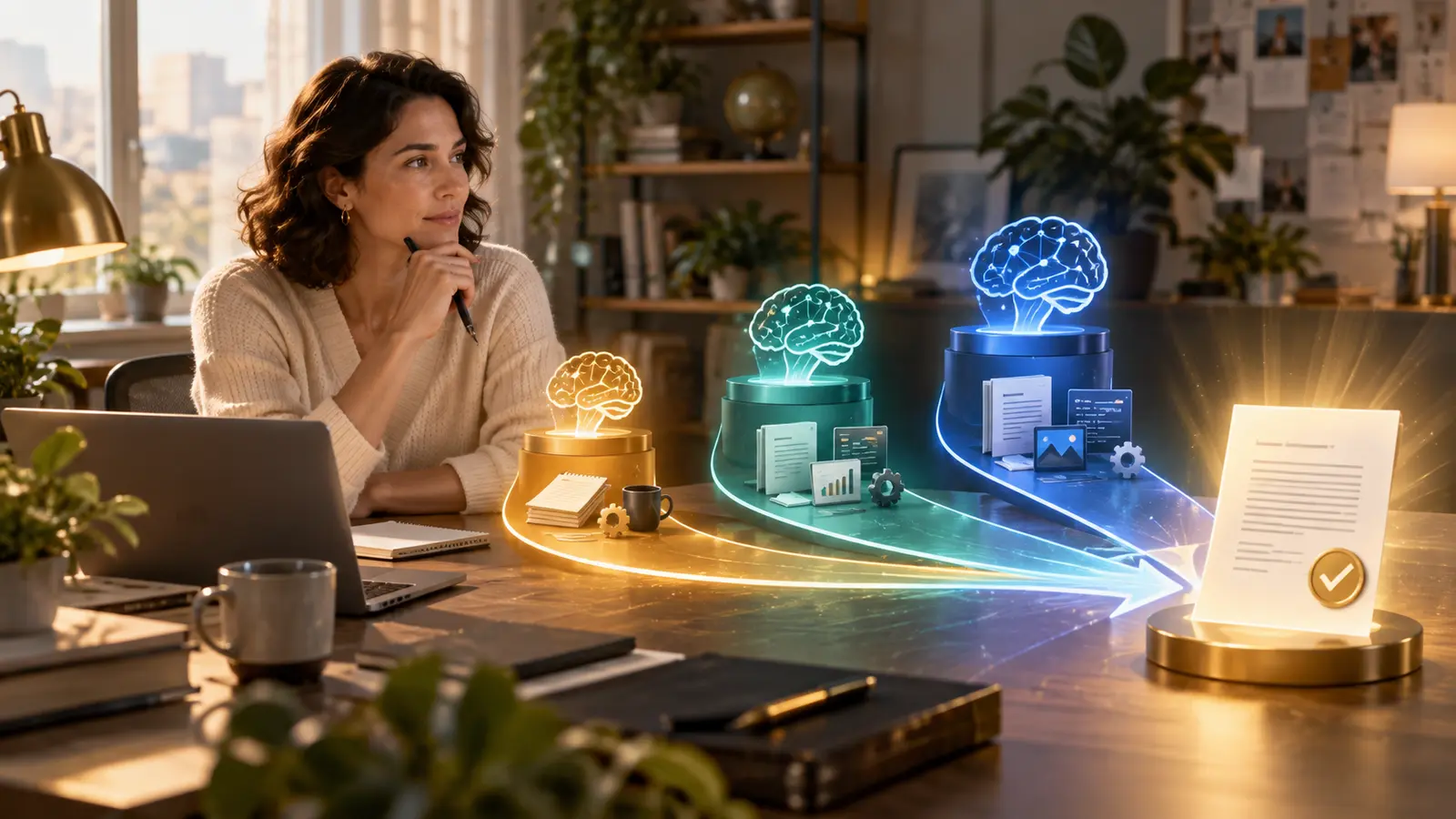 Business operator comparing three AI capability and cost paths before approving a verified result