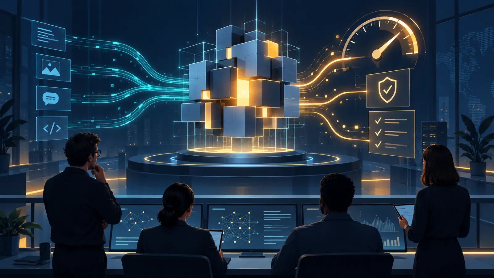 Grok 47 business evaluation - Prodify Digital Business team evaluating an abstract AI reasoning engine for speed, quality and safeguards