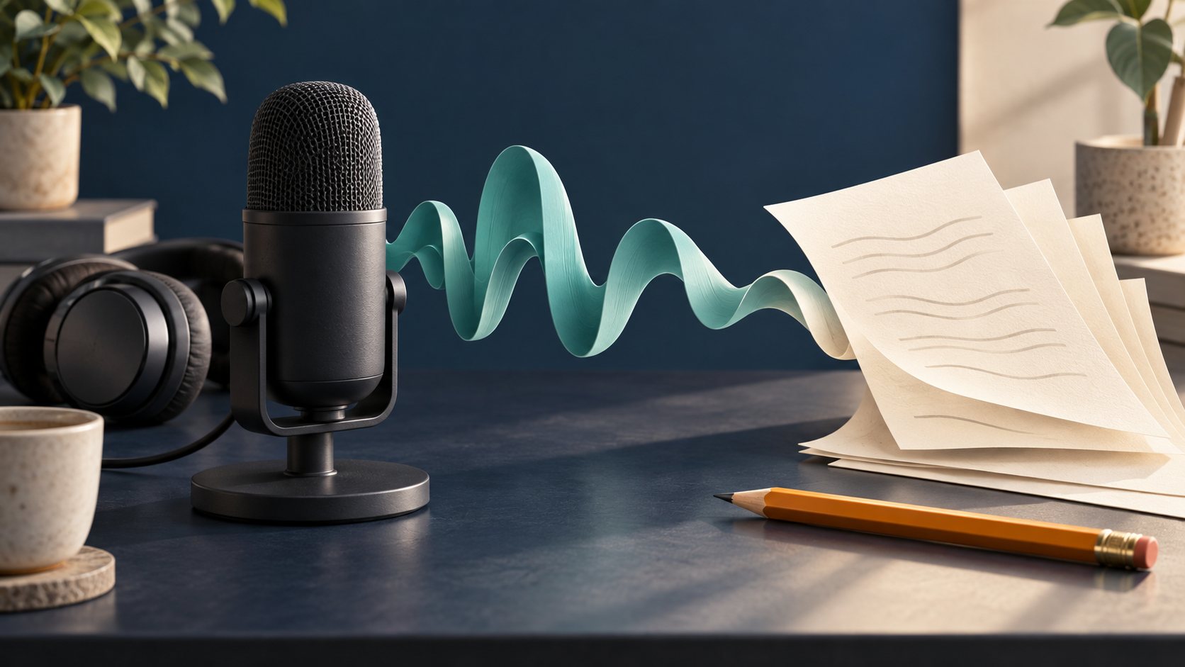 Microphone and sound wave leading to paper notes beside a review pencil