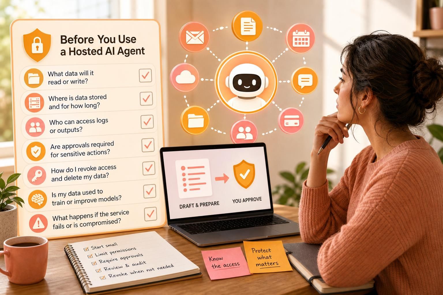 A woman at a desk reviews a checklist poster titled “Before You Use a Hosted AI Agent,” with a laptop showing a draft-and-approve flow, sticky notes, and security-themed icons around a robot graphic.