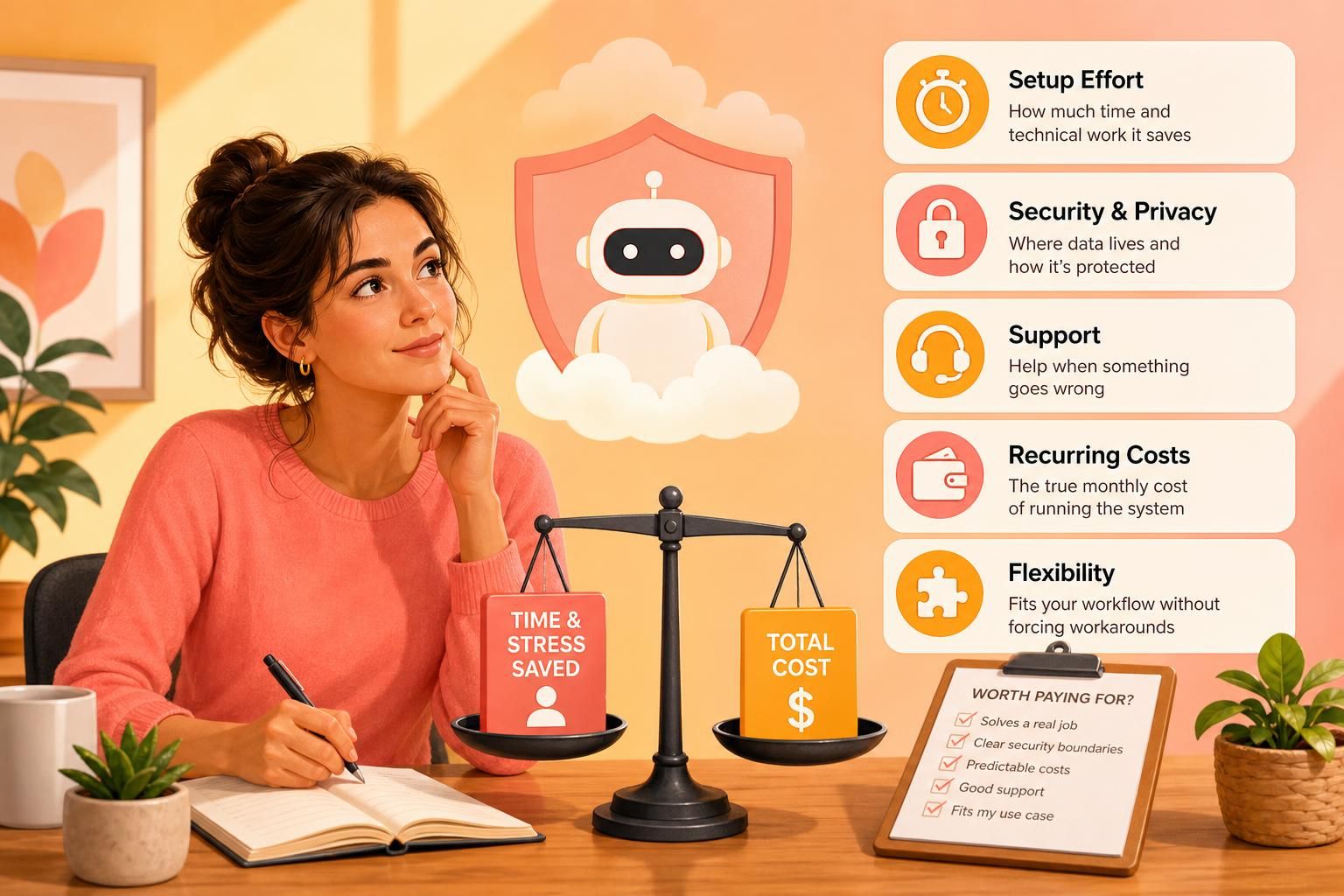 A woman at a desk weighs a scale labeled time and stress saved against total cost, beside a checklist and five comparison cards for setup effort, security and privacy, support, recurring costs, and flexibility, with a机器人