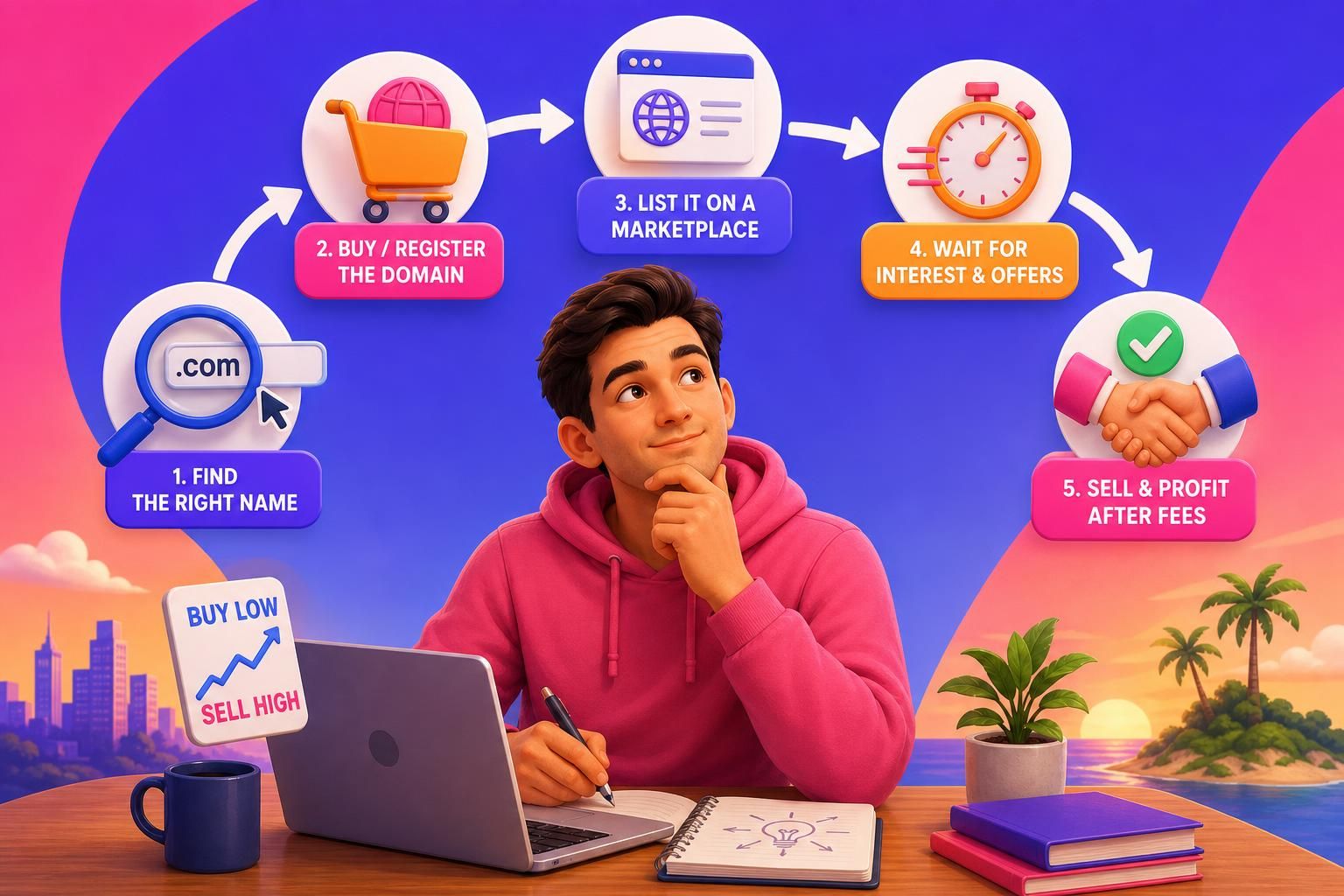 A colorful illustrated young man in a pink hoodie sits at a desk with a laptop and notebook, thinking about a domain-flipping workflow shown around him in five steps: find the right name, buy/register the domain, list it