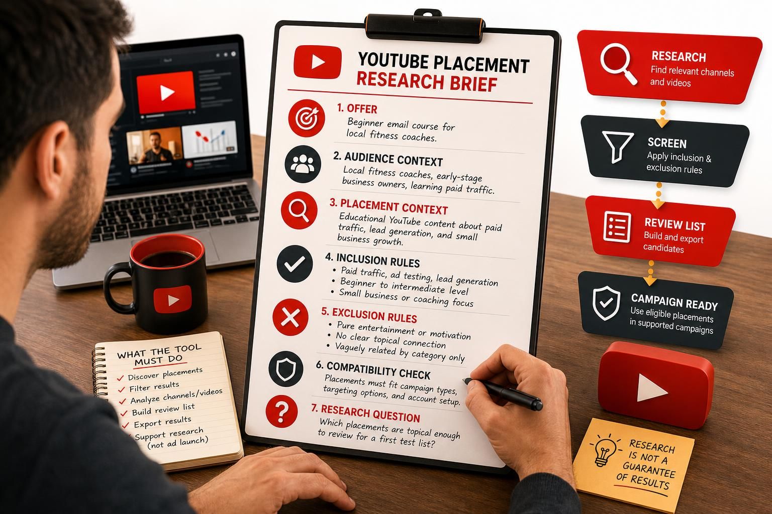 A person at a desk examines a clipboard titled “YouTube Placement Research Brief,” with a laptop showing YouTube-style thumbnails, a notebook listing tool requirements, and stacked red and dark charcoal callout cards for