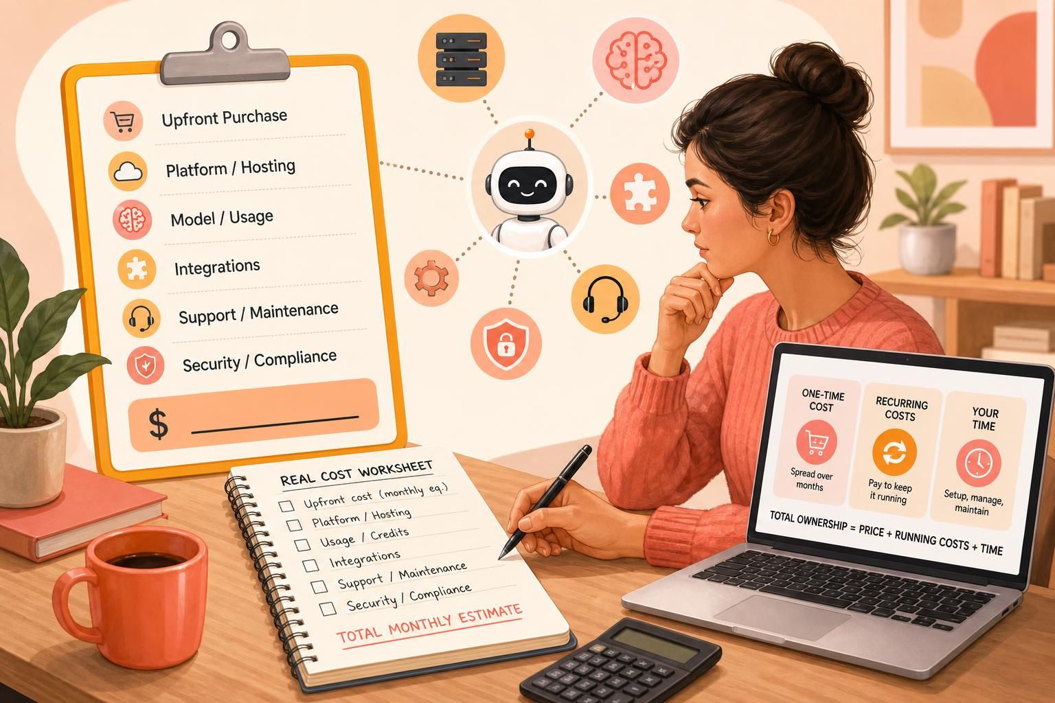 An illustrated woman at a desk calculates AI tool costs beside a clipboard checklist, notebook worksheet, calculator, and laptop; a small robot icon is surrounded by labeled cost buckets like hosting, usage, integrations