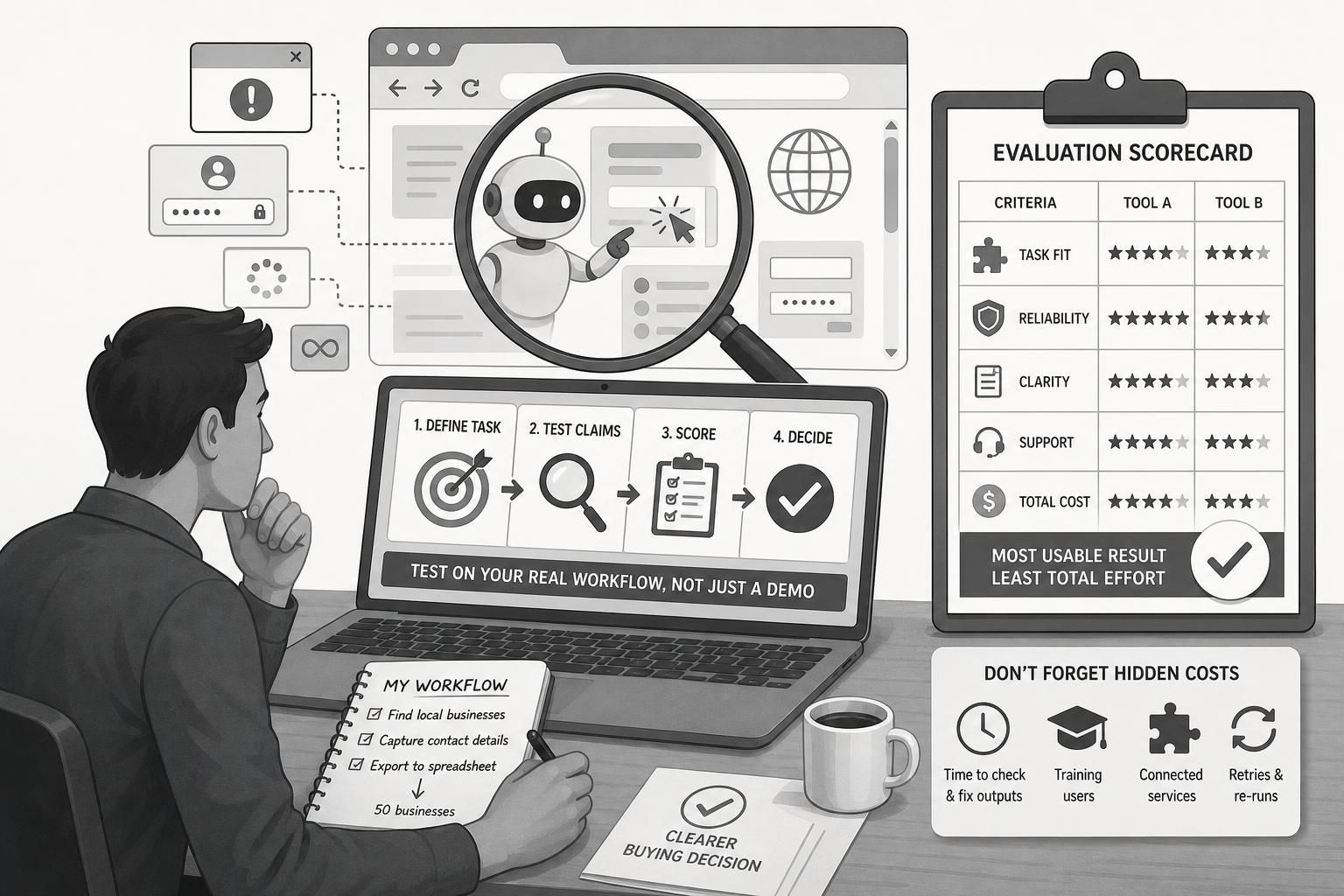 Grayscale illustration of a person evaluating AI browser tools at a desk with a laptop, checklist notebook, scorecard clipboard, and browser window with a robot under a magnifying glass; small panels show login, loading,