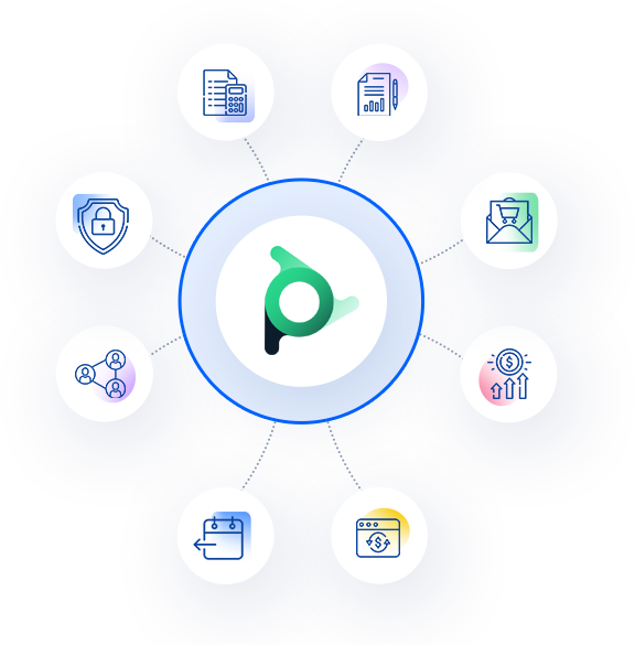 Official PayKickstart illustration connecting its logo with billing, checkout and partner-management icons - Prodify Digital Official PayKickstart illustration connecting its logo with billing, checkout and partner-management icons
