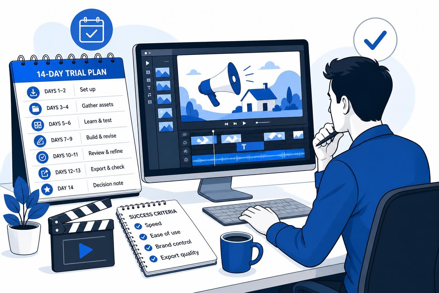 An illustrated person reviews a 14-day trial plan beside a desktop video editing screen, with checklist notebooks, a clapperboard, and blue productivity icons on a clean white background.