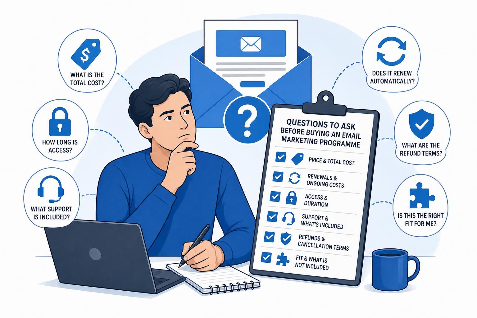 A man at a desk studies a clipboard checklist about buying an email marketing programme, with an envelope icon behind him and surrounding question bubbles about cost, access, support, renewals, refunds, and fit.