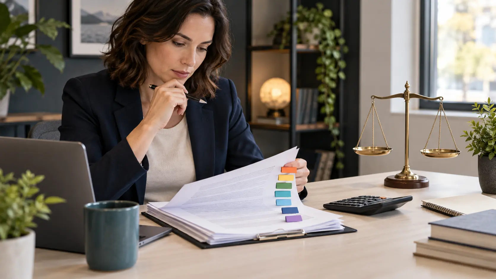 Read Affiliate Terms Before Promoting - Prodify Digital Publisher reviewing affiliate programme terms beside a calculator and balance scale.