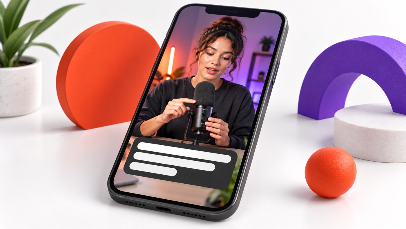 Readable captions on a phone - Prodify Digital Phone propped on its edge shows a woman recording a podcast into a microphone, with colorful studio props in the background.