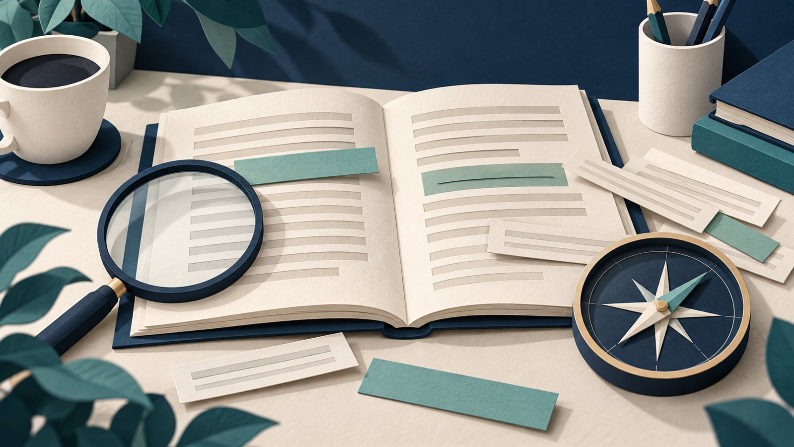Paper article with selected revisions, a magnifying glass and a compass