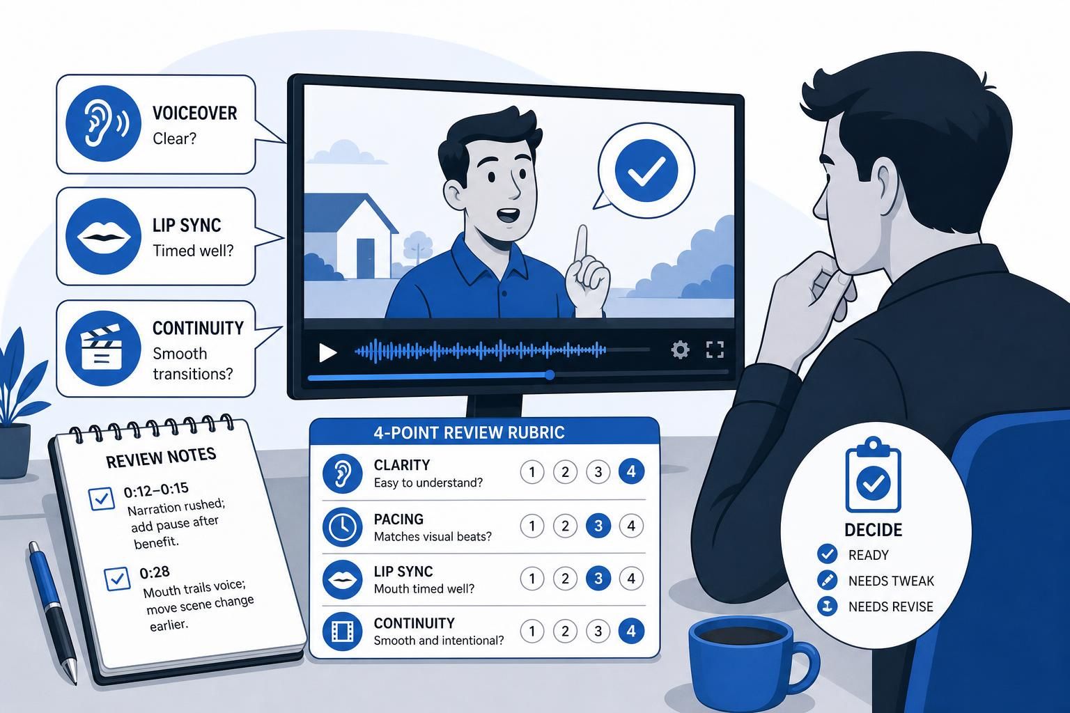 A blue-and-white illustration of a person reviewing an animated explainer on a desktop monitor, with callouts for voiceover, lip sync, and continuity, a 4-point review rubric, and handwritten review notes on a notepad.