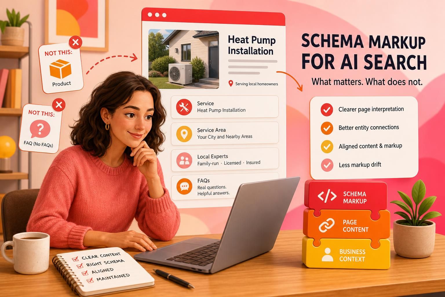 A woman at a desk looks at a laptop beside a large infographic about schema markup for AI search, with callouts showing a heat pump installation page, checkmarked benefits, stacked blocks for schema, page content, and a