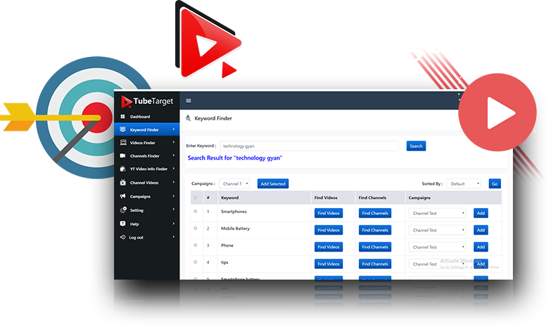 TubeTarget product artwork showing its keyword research interface