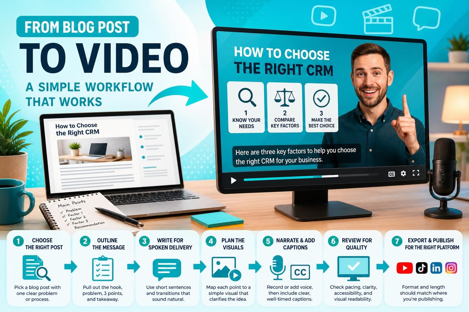 A teal-and-white infographic about turning a blog post into a video, showing a laptop with a blog article, a monitor with a video lesson and presenter, a microphone, and a seven-step workflow along the bottom.