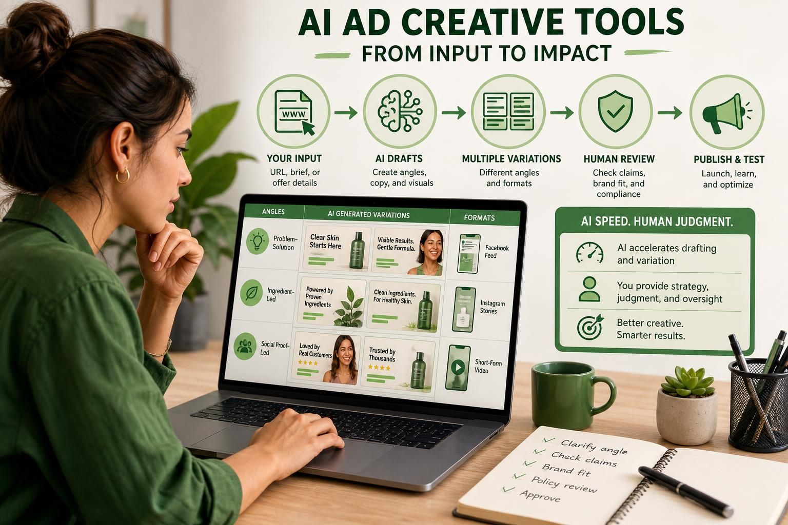A woman in a green shirt works on a laptop at a desk, with a large infographic above showing a workflow for AI ad creative tools: input, AI drafts, variations, human review, and publish/test. The laptop screen shows ad-⁠