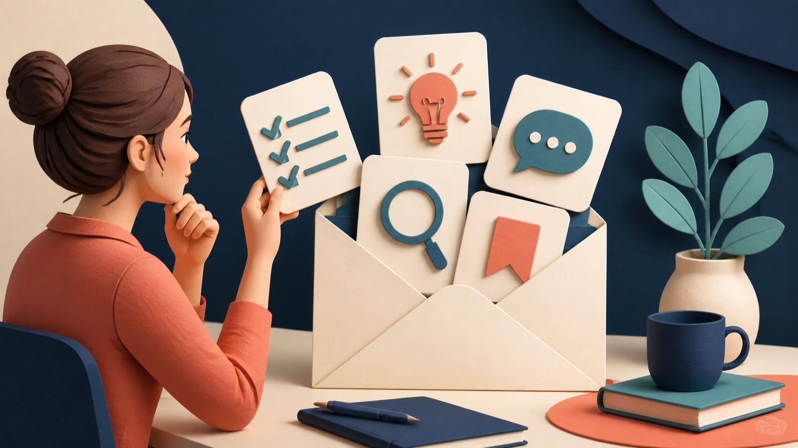 Creator choosing useful lessons, examples and reader questions for an email newsletter.