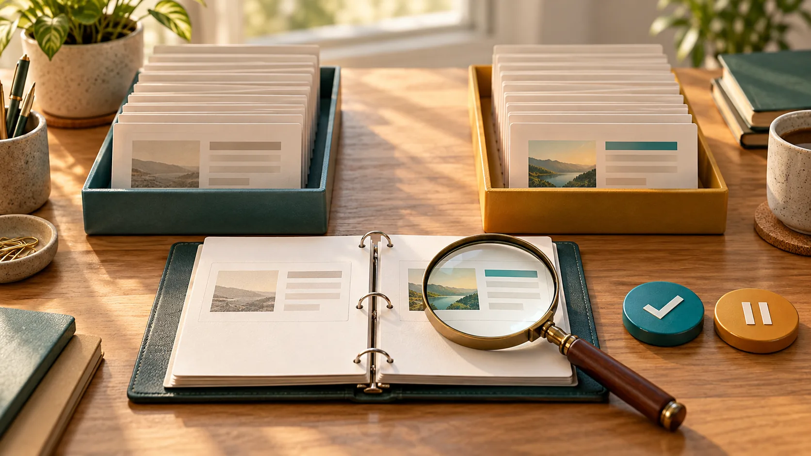 AI test set baseline comparison - Prodify Digital Saved test cards and paired baseline comparison trays beside a review binder.