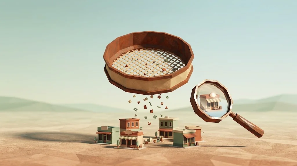 A faceted sieve and inspection lens above miniature shops illustrate careful qualification of potential business leads.