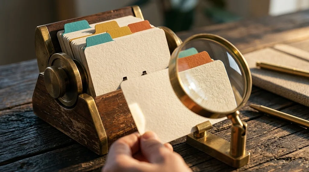 A magnifying lens examines one blank card from a rotating contact file to illustrate checking lead quality before buying.