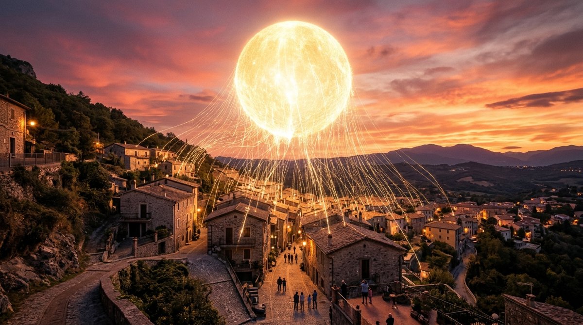 A glowing golden sphere above a hillside town splitting into streams of light flowing down to the houses at sunset